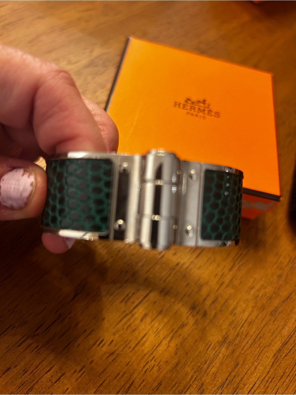 Hermes Green Lizard Leather Cuff Bracelet With Palladium Silver Hardware